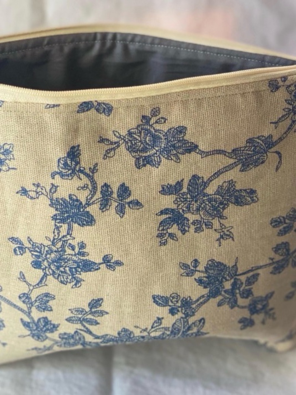 Blue Floral Canvas Cosmetic Pouch - Neutral Background